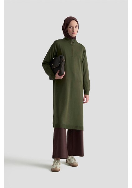 Fermuar Detaylı Triko Tunik 25KTD4113 Haki
