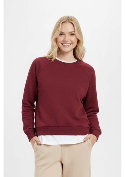 Bordo Bisiklet Yaka Oversize Kadın Sweatshirt 9152M