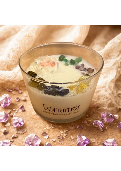 Çakra Dengeleme & Aktifleştirme Tılsımlı Ritüel Mumu – Yasemin Esanslı Soya Wax – 7 Çeşit Doğal Taş