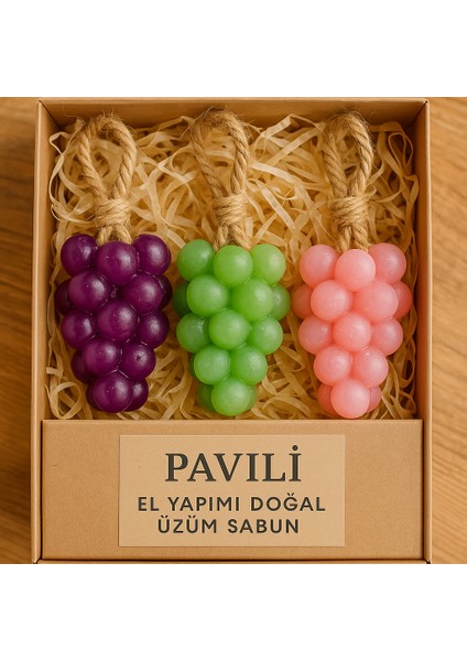 Pavili 3'lü El Yapımı Üzüm Sabun Seti – Doğal Asılabilir Sabunlar (Renk Seçimli – Hediyelik)