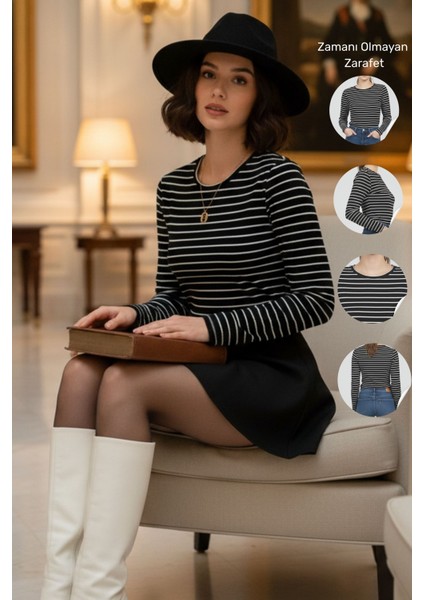 Kadın Çizgili Uzun Kollu Basic Body Fit Badi Dört Mevsim Likralı Esnek Kumaş - Kadın Body