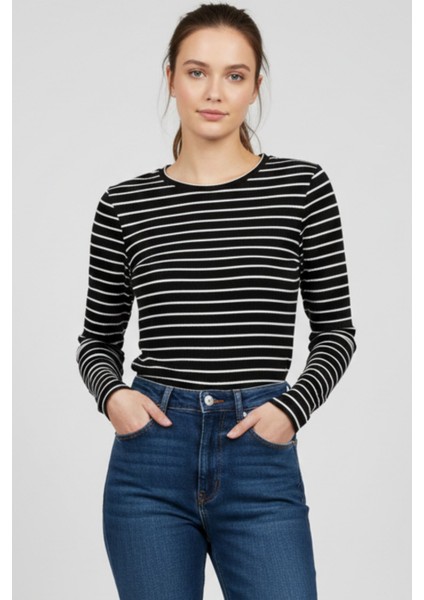 Kadın Çizgili Uzun Kollu Basic Body Fit Badi Dört Mevsim Likralı Esnek Kumaş - Kadın Body fiyatları