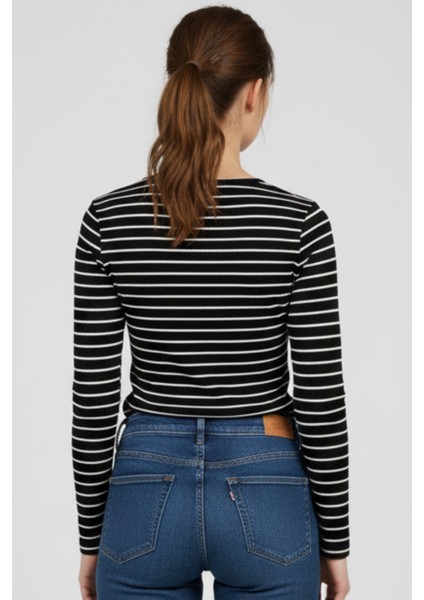 Kadın Çizgili Uzun Kollu Basic Body Fit Badi Dört Mevsim Likralı Esnek Kumaş - Kadın Body indirimleri