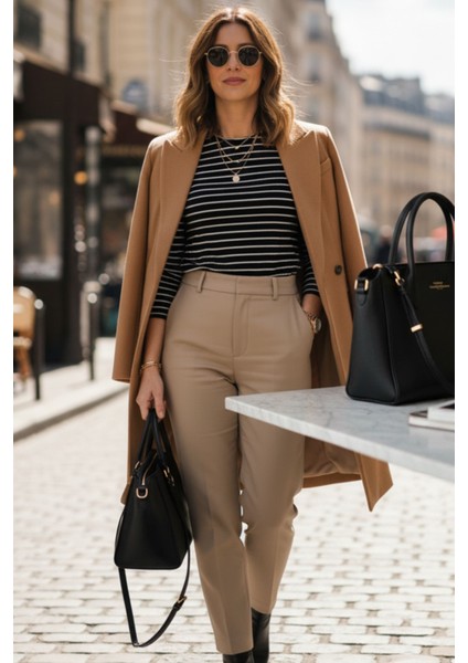 Kadın Çizgili Uzun Kollu Basic Body Fit Badi Dört Mevsim Likralı Esnek Kumaş - Kadın Body