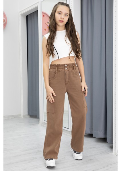 Kahverengi Yüksek Bel Kargo Cep Kız Çocuk Jean Pantolon 20302