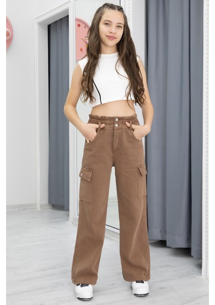 Kahverengi Yüksek Bel Kargo Cep Kız Çocuk Jean Pantolon 20302 fiyatları