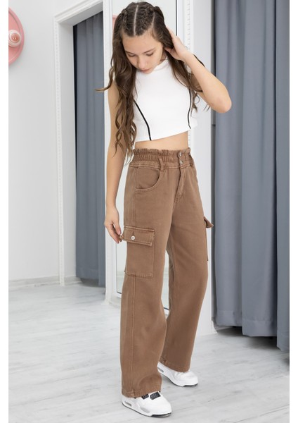 Kahverengi Yüksek Bel Kargo Cep Kız Çocuk Jean Pantolon 20302 modelleri