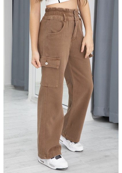 Kahverengi Yüksek Bel Kargo Cep Kız Çocuk Jean Pantolon 20302 fırsatları