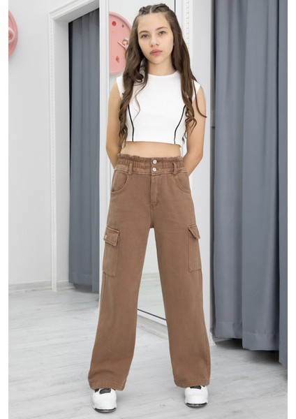 Kahverengi Yüksek Bel Kargo Cep Kız Çocuk Jean Pantolon 20302 indirimleri