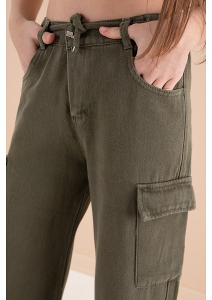 Haki Geniş Paça Beli Bağcıklı Kız Çocuk Kargo Cepli Jean Pantolon 20134 fiyatları