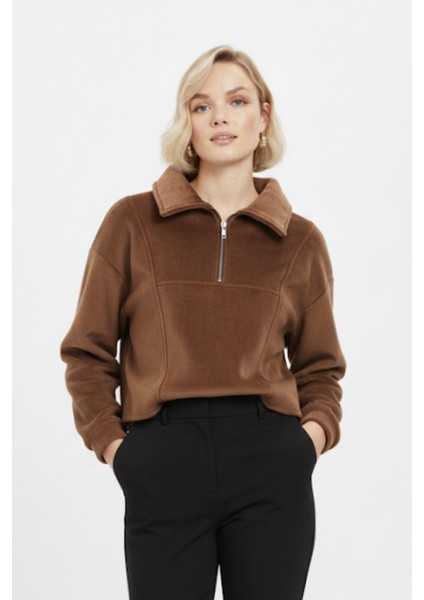 Taba Kadın Peluş Yarım Fermuarlı Crop Sweatshirt 3056A