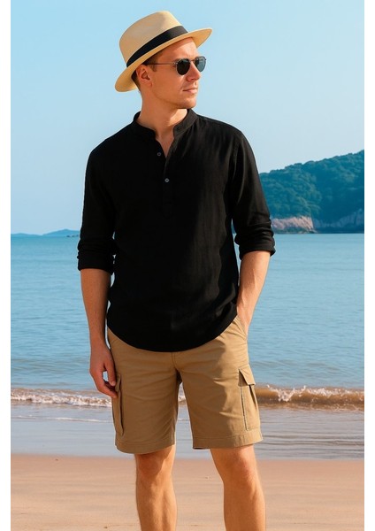 Erkek Uzun Kollu Hakim Yaka Düğmeli Erkek Müslim Gömlek