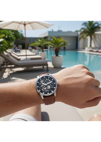 QMG1120.395 Erkek Kol Saati | 46MM, Otomatik Mekanizma, Safir Cam, 10 Atm, Kahverengi Deri Kordon fırsatları