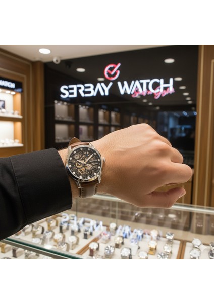 QMG1120.395 Erkek Kol Saati | 46MM, Otomatik Mekanizma, Safir Cam, 10 Atm, Kahverengi Deri Kordon indirimleri