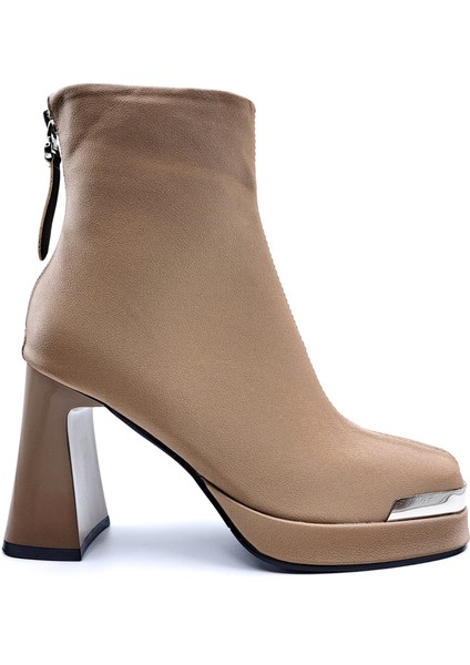 G25K414 Arkadan Fermuarlı Platformlu Topuklu Kapuçino Kahverengi Kadın Bot