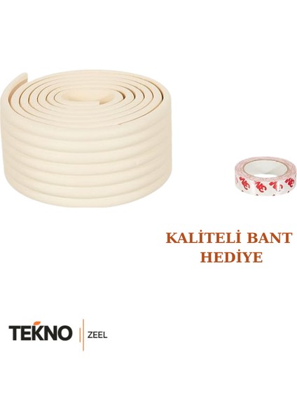 Kauçuk Krem Renk Geniş Kenar ve Köşe Koruyucu 2 Metre Bebek Çocuk Masa Darbe Koruma ( 3m Bant Hediye)