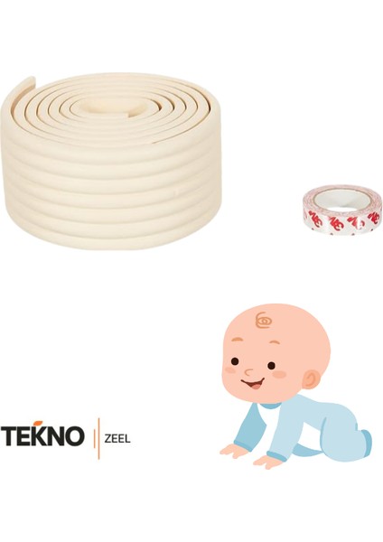 Kauçuk Krem Renk Geniş Kenar ve Köşe Koruyucu 2 Metre Bebek Çocuk Masa Darbe Koruma ( 3m Bant Hediye)