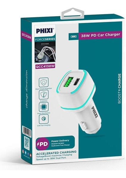 Phixi Force QCC4138 Çift Çıkışlı Pd Destekli 38W Araç Şarj Adaptörü fiyatları