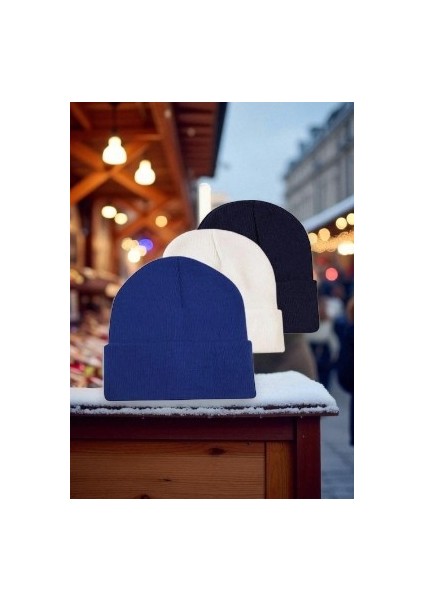 Kadın - Erkek Katlamalı Çok Renkli Mevsimlik 3'lü Bere Seti