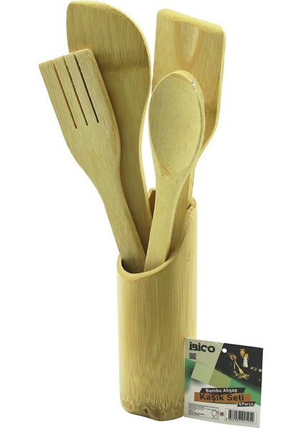 5pcs Ahşap Bambu Mutfak Seti Stand - Kaşık - Çatal - 2 Spatula Fileli (5282)