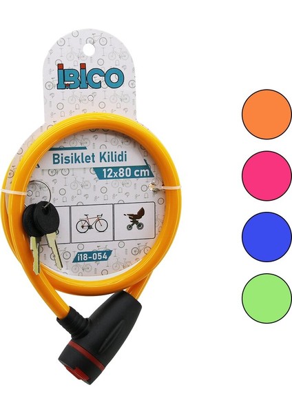 Anahtarlı Aç-Kapa Kilit Kapaklı Plastik Kafa Bisiklet Kilit Çelik Tel Renkli Kılıf 12MMX80CM (5282)