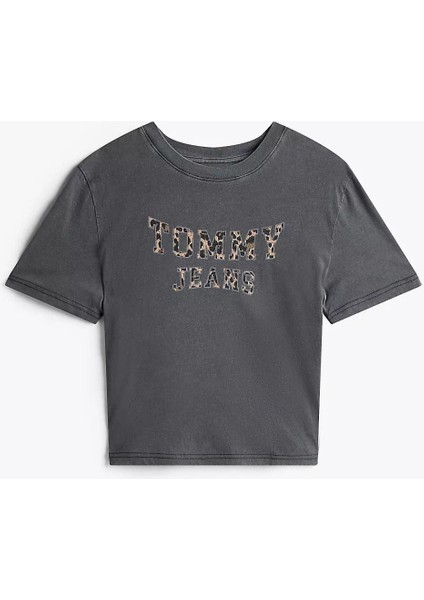 Kadın Boxy Fit Leopar Desenli Aplike Logolu T-Shirt - Siyah indirimleri