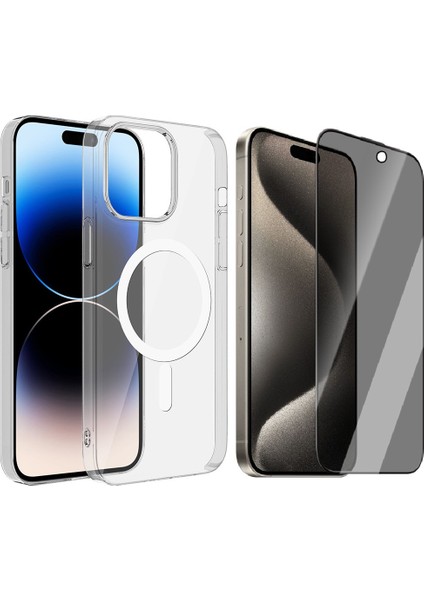 iPhone 15 Plus Kılıf Zore M-safe Şarj Özellikli Şeffaf Tek Kamera Çerçeveli Porto Kapak + Hayalet Ekran Koruyucu