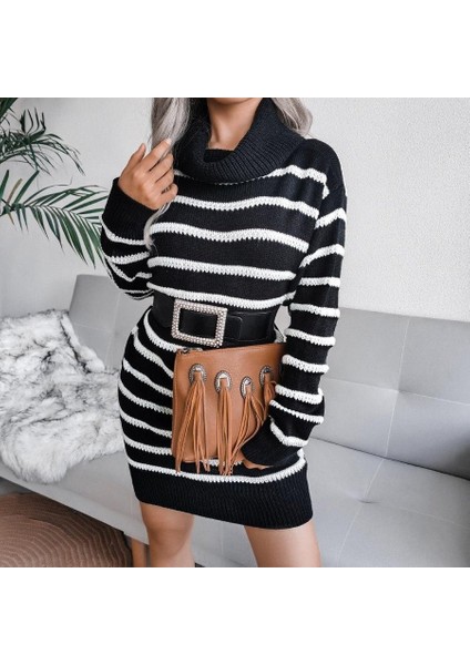 Kadın Uzun Kollu Degaje Yaka Çizgili Sonya Iplik Mini Boy Triko Elbise (Kemersiz) fiyatları