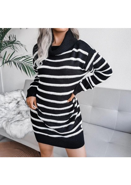 Kadın Uzun Kollu Degaje Yaka Çizgili Sonya Iplik Mini Boy Triko Elbise (Kemersiz) modelleri