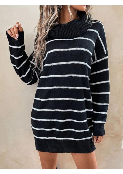 Kadın Uzun Kollu Degaje Yaka Çizgili Sonya Iplik Mini Boy Triko Elbise (Kemersiz) fırsatları
