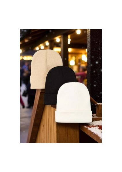 Kadın - Erkek Katlamalı Çok Renkli Mevsimlik 3'lü Bere Seti