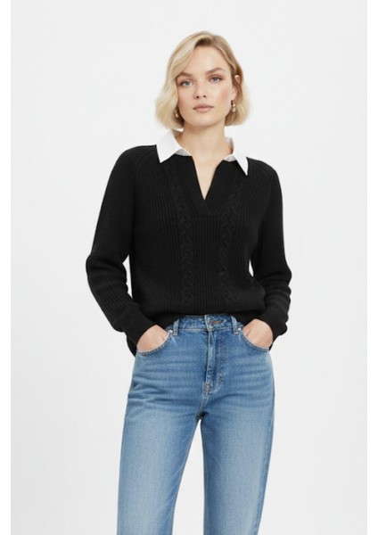 Siyah Gömlek Yakalı Örgü Kadın Kazak 2335