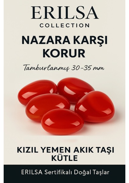 Sertifikalı Doğal Kızıl Yemen Akik Taşı Kütle – Tamburlanmış 30-35 mm Nazar ve Enerji Taşı