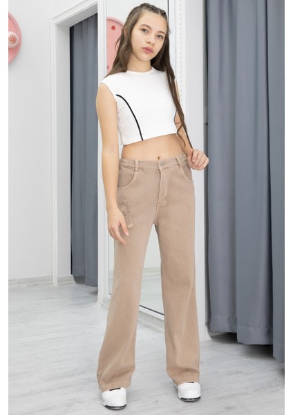 Bej Nakış Detay Geniş Paça Kız Çocuk Jean Pantolon 20300