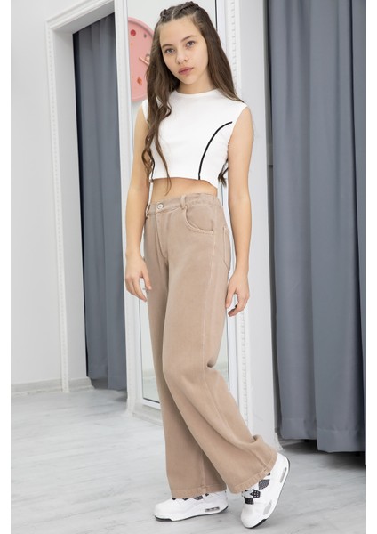 Bej Nakış Detay Geniş Paça Kız Çocuk Jean Pantolon 20300 modelleri
