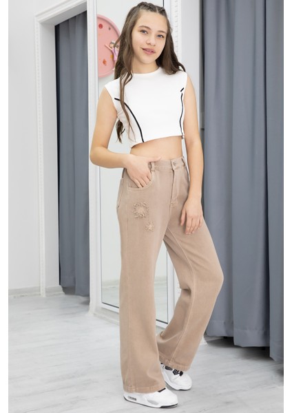 Bej Nakış Detay Geniş Paça Kız Çocuk Jean Pantolon 20300 fırsatları
