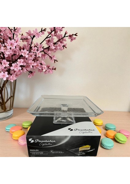 Madlen Crystallin Ayaklı Kare Servis Tabağı 24 cm
