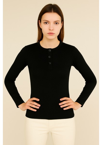 Kadın Kaşkorse Kumaş Patlı Düğmeli Uzun Kollu T-Shirt modelleri