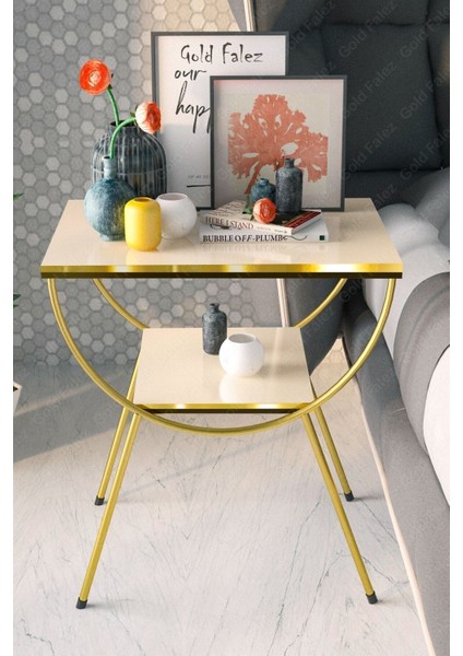 Yan Sehpa Komodin Metal Ayak Çift Gold Krem