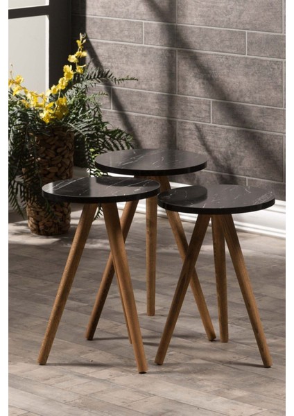 Zigon Sehpa 3 Lü Ahşap Orjinal Torna Ayak Siyah Mermer Desen