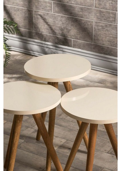 Zigon Sehpa 3 Lü Ahşap Orjinal Torna Ayak Krem