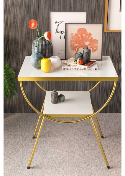 Yan Sehpa Komodin Metal Ayak Gold Beyaz