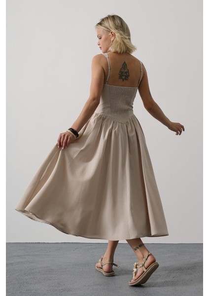 Askılı Uzun Elbise - Taş