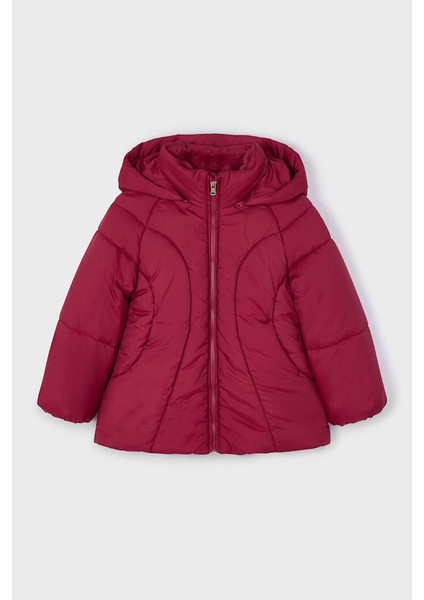 Kız Çocuk Normal Kalıp Kapüşonlu Figürlü Kapitone Şişme Mont - Vişne