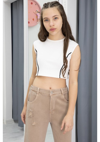 Bej Nakış Detay Geniş Paça Kız Çocuk Jean Pantolon 20300 fiyatları