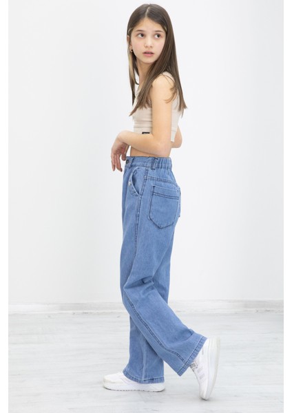 Mavi Geniş Paça Bel Lastikli Kız Çocuk Jean Pantolon 20049 modelleri