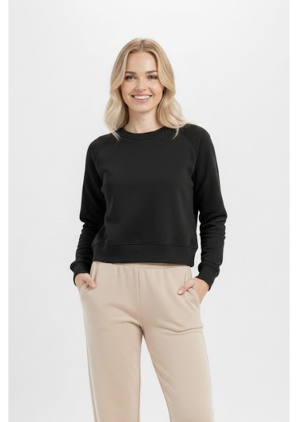 Siyah Kadın Crop Bisiklet Yaka Sweatshirt 9210M