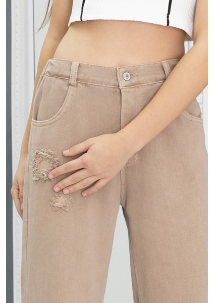 Bej Nakış Detay Geniş Paça Kız Çocuk Jean Pantolon 20300 indirimleri