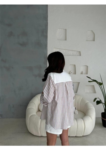 Gabardin Şort - Gabardin - Çizgili Keten Garnili Ceket Takım - Kahverengi