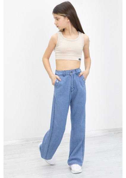 Mavi Geniş Paça Bel Lastikli Kız Çocuk Jean Pantolon 20049 fiyatları